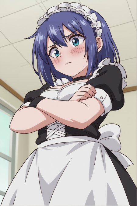 score_9, score_8_up, score_7_up,anime_source, source_anime, best background, detailed background, anime screencap   Kaede, maid costume, indoors, blush, shy, crossed arms, standing, from below,   <lora:JN_Kaede_Pony:0.8>