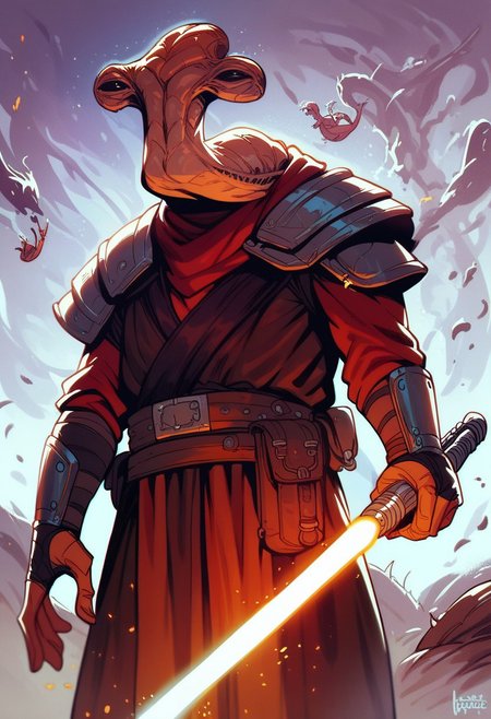 score_9, score_8_up, score_8, score_7_up, score_7, score_6_up, score_6, score_5_up, Score_5, ithorian hammerhead alien, jedi robes, holding an orange  lightsaber, vox machine style, 1boy, male focus, solo, portrait, cowboy shot, in a graveyard at night time background, fantasy, (dynamic lighting:1.1)
((masterpiece))