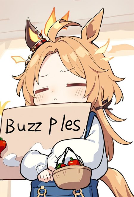 masterpiece, best quality, anime, kawaii, 1girl, orfevre \(umamusume\), horse tail, upper body, chibi, super deformed, =_=, holding basket, habanero pepper, blue overalls, faming, farm <lora:Fixhands_anime_bdsqlsz_V1:1> <lora:UmaDiffusionXL_UAF:0.8>, bored expression, uninterested, disinterested, listless,holding sign with text "buzz pls",