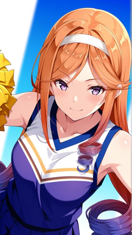 source_anime, general, best quality, masterpiece, 1girl,  <lora:yuugure_ill:1> yuugure \(kancolle\),long hair, multicolored hair, gradient hair, orange hair, purple eyes, asymmetrical sidelocks, drill hair, purple hair, white hairband, cheerleader ,dynamic pose, dutch angle, smile, (seductive smile:0.8),