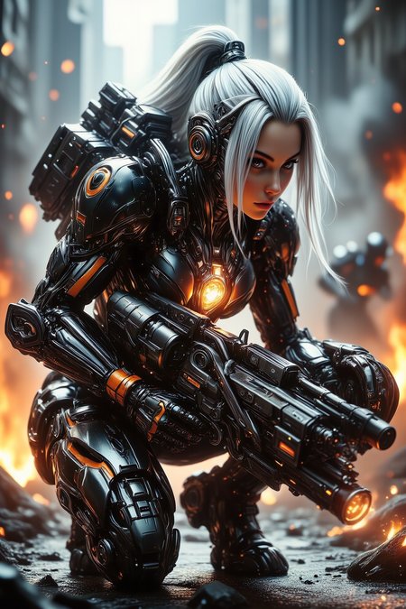A bio-mechanical female warrior with long white hair, clad in sleek black and orange mech armor, crouches in a battle stance. A glowing energy core is embedded in her chest, and she shoulders a massive high-tech photon cannon, fully charged with red plasma energy, ready to fire. Her gaze is focused ahead, targeting her enemies. Behind her, comrades fight in a blurred battlefield, with burning ashes floating through the air. The scene is rendered in high contrast and vibrant colors, with ultra-detailed textures and a hyper-realistic, surreal sci-fi style, capturing the intensity, intricate details, and high-quality finish of the futuristic world.
<lora:dvr-transformers-flux:0.85> mechanical, mech, biomechanical, cybernetic, robot, exosuit, bionic
<lora:Dever_Flux_Enhancer:0.5>
<lora:ImageUpgraderV2:0.5> detailmaximizer
<lora:MidjourneyV6.1:0.6> midjourneyv6.1
<lora:Midjourney_-_SemiReal_Dreams_FLUX_LoRA:0.7>