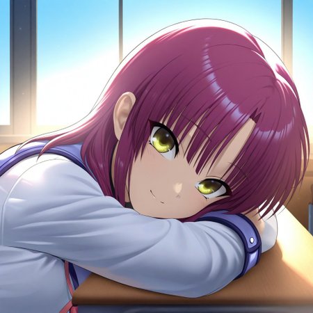 <lora:AngelBeats_Iwasawa-v1-07:0.6>, masterpiece, 1girl, Yuri Nakamura (Yurippe), //(Angel Beats!//) medium hair, purple hair, green eyes, calm expression, slight smile, looking at viewer, traditional school uniform, high school room, clear blue sky, sunny, soft warm lighting, vibrant, detailed, anime style, soft focus, dreamy, subtle realism