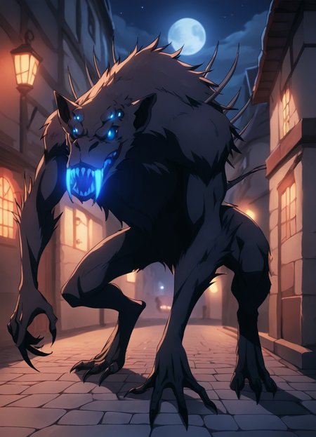 Bluefangs, sharp teeth, teeth, open mouth, monster, no humans, solo, blue eyes, glowing eyes,full body,  glowing teeth, multi_eye,standing, pouncing, claws,   fangs, score_9, score_8_up, score_7_up, score_6_up, score_5_up, score_4_up, looking at viewer,<lora:BlueFangsPony1.0:0.8> dark, medieval town,   looking at viewer, night, turning around, dark atmosphere full moon, cobblestone, brick wall, moon light