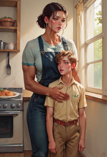 score_9, score_8_up, score_7_up, s,BREAK, 1
norman rockwell style,(TWSM, height difference), size difference, tall female, short male, hetero couple, size difference, ((tall muscular female)), short male, ((short male with older facial features)), short male with facial wrinkles, short 50 year old male, (8ft tall female), (5ft tall male), (clear facial details, perfect eyes, perfect face:1.4), (masterpiece, best quality:1.4), in the kitchen, detailed kitchen scene, kitchen appliances and utensils, groceries and food being prepped. 