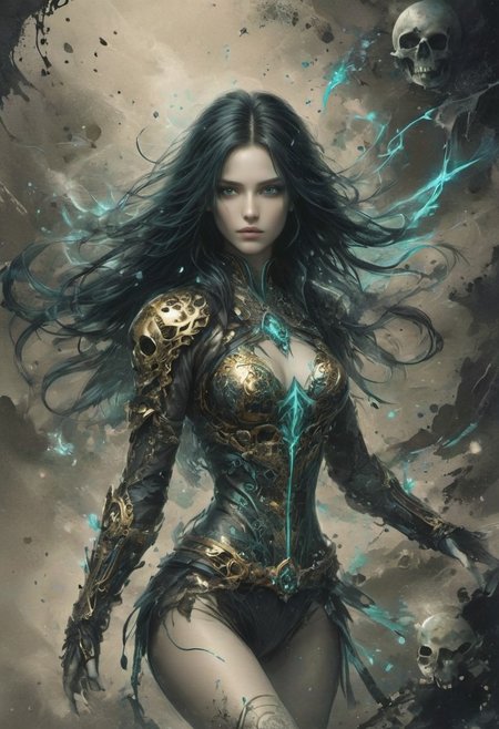 A mysterious and powerful female character,The style belongs to the highly detailed and imaginative fantasy art。She has long black hair,Hair flutters in the air,It gives a dynamic feel。Her eye color is very special,It is bright blue-green,It contrasted with the ghostly light emanating from her surroundings。
She wears an intricate black battle suit,Adorned with gold trims and chains,Fine decoration and design details are showcased。The costume looks both functional and ceremonial,Indicates that she may be a warrior or a character with some sort of magical ability。She wears arm guards adorned with metal accents on her arms,Adds to her combat-ready look。
She is surrounded by a series of ghostly skulls,They glow with a faint blue,Adds to the mystery and supernaturalness of this scene。The skulls appear to have been summoned by her powers,Swirling around her,This reinforces her image as a powerful being。
The tone of the whole picture is dominated by dark tones,But by using faint blue light buds and golden ornaments,A strong visual contrast and appeal are created。The style of this image is a mixture of realism and fantasy elements,Through fine detail depiction and strong color contrasts,It conveys a mysterious and powerful atmosphere。Overall,It is a fantastical work of art full of imagination and rich detail,An incredible female character and her supernatural abilities are showcased，
 Niji, aidma-niji, ral-dissolve, (ink-style, ink_wash_painting),