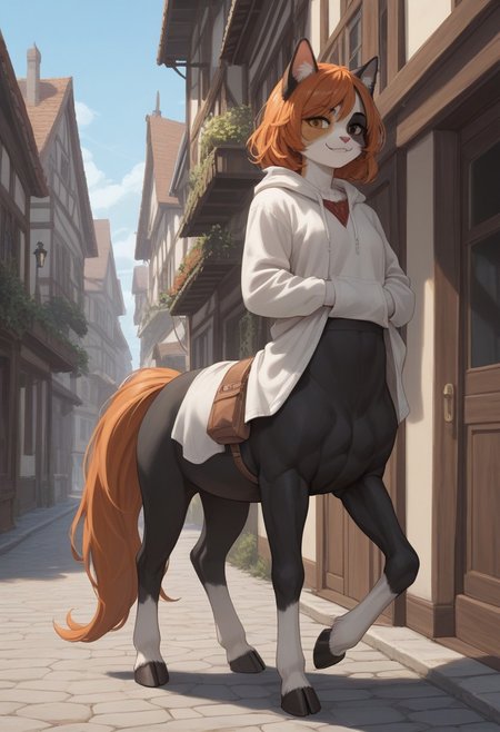 score_9,score_8_up,score_7_up,score_6_up,score_5_up,score_4_up, BREAK ((calico cat)), centaur, solo, smile, village, day, hooves, white horse tail, ((furry)), orange hair, swept bangs, cat head, cat ears, cat nose, calico fur