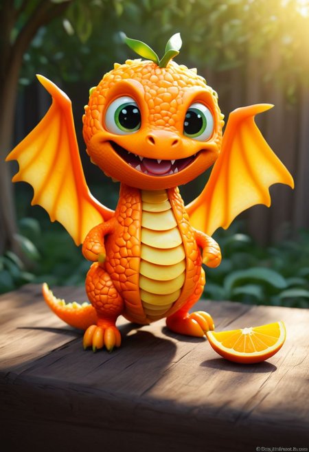 Create an image of an adorable dragon-like creature with the texture and color of a ripe orange. The creature's body is covered in a vibrant orange peel, with characteristic dimples and a slightly bumpy surface. Its wings are shaped like orange slices, with a semi-transparent appearance that allows light to pass through. The dragon's face is round and friendly, with large, expressive eyes, a small snout, and tiny horns that resemble the stem of an orange. Its tail is long and curled, mimicking the spiral pattern of an orange peel. The dragon is posed playfully, as if it were about to take flight, with its wings spread and its claws gently gripping a wooden branch. Surrounding the creature are actual oranges, some whole and some sliced, scattered on a rustic wooden table. In the background, a warm, golden light filters through the leaves of a nearby tree, creating a magical and inviting atmosphere. The overall image conveys a sense of whimsy and charm, blending the fantastical with the familiar.