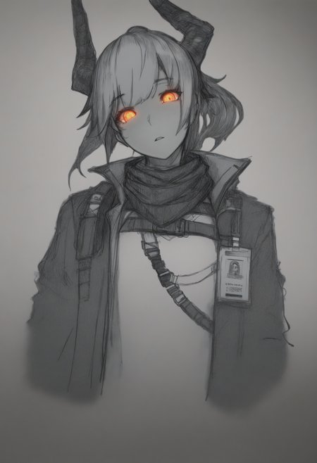 masterpiece, best quality, 1girl, solo, L1skarmDef, orange eyes, grey hair, horns, tail, short ponytail, scarf, shirt, chest belt, jacket, id card, parted lips, head tilt, looking at viewer, spot color, greyscale, monochrome, lineart, sketch, graphite \(medium\), traditional media, glowing eyes, <lora:ChamLiskarmNoob:1>