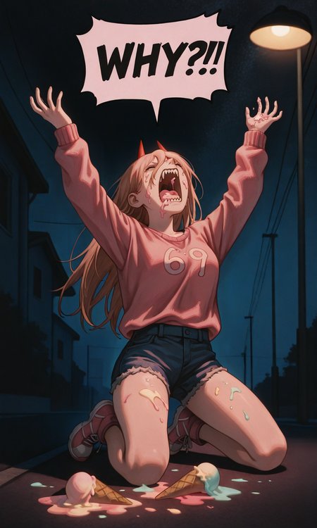 embedding:IllusP0s, yayaziiii_style, WHY?!, speech bubble, screaming, kneeling, 1girl, power_\(chainsaw man\), pink sweater, jean shorts, spilled ice cream, melted, night, contrast lighting, dramatic,<lora:why_illustrious.safetensors:1.0:1.0> <lora:Yayaziii_Style.safetensors:1:1>
