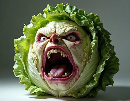 Hyperrealistic head of lettuce with a grotesquely anthropomorphic face, screaming in intense rage or agony. Rounded, layered form with ruffled, pale green leaves transitioning seamlessly into wrinkled, flesh-like features. Eyes bulge outward, bloodshot and strained, nestled between folded lettuce leaves forming eerie, veined eye sockets. Brow deeply furrowed, creating harsh lines across the leafy surface. Nose scrunched and flared, nostrils clearly visible among the crisp foliage. Mouth stretched impossibly wide, revealing rows of human-like teeth and a moist, glistening tongue. Lips pulled back in a snarl, exposing gums. Cheeks contorted, emphasizing the screaming expression. Delicate leaf veins and fine hairs visible on the face portion, blending into the more typical lettuce texture with its intricate network of crisscrossing veins. Varied shades of green from pale to deep emerald, highlighting the lettuce's layered structure. Harsh lighting from above casts dramatic shadows, accentuating the three-dimensional quality of the leaves and the grotesque facial features. Background is a neutral grey gradient, focusing attention on the surreal, nightmarish lettuce creature