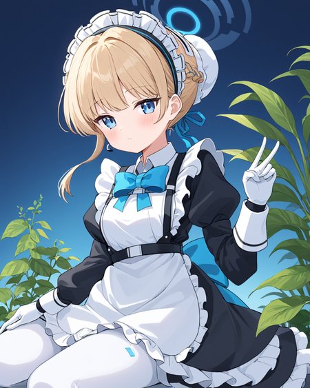 toki \(blue archive\),1girl, solo, blue_bowtie, blue_ribbon, maid_headdress, long_sleeves, on_side, closed_mouth, white_gloves, maid, looking_at_viewer, blush, black_dress, frilled_apron, plant, hair_bun, braid, white_apron, white_pantyhose, puffy_sleeves, maid_apron
<lora:toki_(blue_archive)_image4932_2023-11-28-000009:1>halo. gorgeous,key visual, vibrant, studio anime,award-winning, professional, highly detailed,high budget, cinemascope