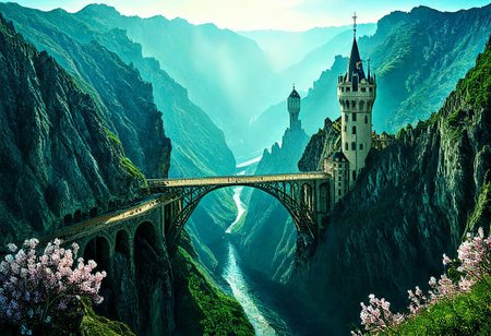 towers ringed in mist, sunrays, mixed media, flux-style, surrealism, fantasy, great lighting, A surreal landscape highly detailed, extremely high-resolution details, appears trapped in an optical illusion of reflections and refractions, colorful, Spring, cherry blossoms in the wind, sweeping vistas, majesty, spring blooms, (Zhangjiajie mountains:1.5),  (((Paris in contemporary France, baroque architecture, European architecture, German Renaissance towers))), (stone arch bridges:1.05), winding rivers extending to the horizon, professional photography, natural lighting, volumetric lighting maximalist. vivid, vibrant colors, intricately detailed, (psychedelic colors, psychedelic colors:1.15), complex, elegant, expansive, fantastical, film photography style, medium grain, cmnt
 (8k uhd:1,4)
 <lora:add-detail-xl:1>
 <lora:Dynamic Poses:1>