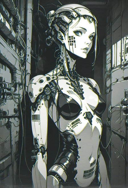 score_9, score_8_up, score_7_up, 1girl, solo, robot woman wearing barcode dress, cyber background