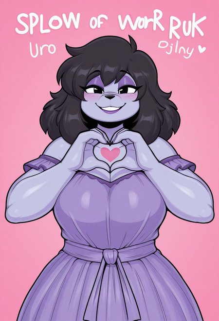 1girl, solo, medium build, medium hair, sfw, safe for work, covered skin, flowy dress, black eyes, purple lipgloss, smiling, portrait, upper body, doujin cover, heart hands, japanese text, uromatsu, furry, furry female, anthro