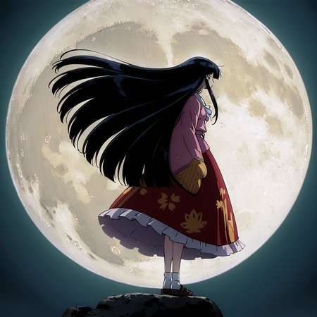 masterpiece, best quality, <lora:tgm-xl-a3.1:1>,anime coloring, 1girl, houraisan kaguya, long hair, danmaku, black hair, solo, very long hair, moon, skirt, wide sleeves, full moon, long sleeves, night, from behind, japanese clothes, shirt, socks