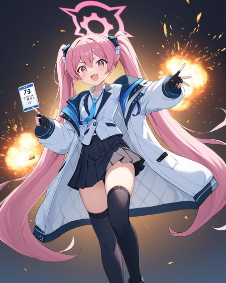 koyuki \(blue archive\),explosion, 1girl, necktie, halo, twintails, jacket, solo, black_gloves, thighhighs, white_shirt, pleated_skirt, collared_shirt, open_mouth, black_skirt, fingerless_gloves, gun, id_card, skin_fang, bomb, long_sleeves
<lora:koyuki_(blue_archive)_image708_2023-11-28-000012:1>halo. gorgeous,key visual, vibrant, studio anime,award-winning, professional, highly detailed,high budget, cinemascope