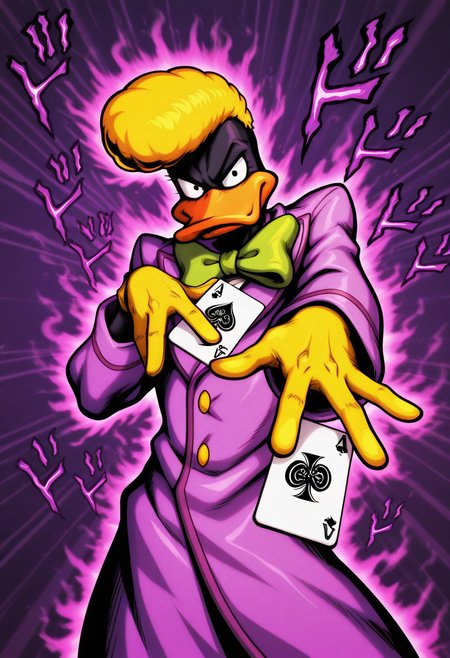 masterpiece, best quality, Graphic Design, color art, vibrant colors, colorful, intricate details, high contrast, detailed background, beautiful detailed, beautiful face, detailed eyes, detailed face, new, newest, z00td4ffy, 1boy, solo, male focus, furry, duck, black skin, beak, black eyes, yellow hair, pompadour, suit, formal, purple coat, yellow gloves, green bowtie, jojo pose, menacing, purple aura, cowboy shot, holding playing cards,