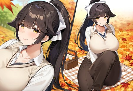 1girl, solo, takao, azur_lane, black_hair, ponytail, very_long_hair, yellow_eyes, large_breasts, long_hair, hair_flaps, yellow_eyes,  white_bow, hair_ribbon, large_breasts, ribbon, hair_bow, (mature female:1.2), tall female, curvy, collarbone, beautiful face, highly detailed faces and eyes, shiny skin, shiny, shy, pants, long_pants, brown_pants, blouse, white_blouse, sweater_vest, beige_sweater, brown_shoes, brown_loafers, smile, happy, looking_at_viewer, outdoors, park, autumn, autumn_leaves, sitting, sitting_on_ground, sitting_on_blanket, picnic, picnic_basket, picnic_blanket, masterpiece, best quality, very aesthetic, absurdres, score_9, score_8_up, score_7_up, score_6_up, by marushin