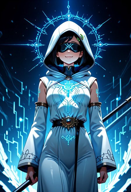 1gril, solo, Marcy, black hair, short hair, hairclip, dynamic angle, cowboy shot, action pose, glowing (circuit tattoo:1.2), robe, detached sleeves, hood up, noble, simulator, blindfold, covered eyes, shaded face, smug,  holding polearm, sanctuary, runes, (electricity:0.5), over technology, geometry, white theme, polarized, chromatic aberration, disintegration effect, (abstract expressionism:0.6), fantasy, science fiction, future, ancient, masterpiece, best quality, amazing quality, very aesthetic, absurdres, newest, <lora:circuit_tattoo:1>