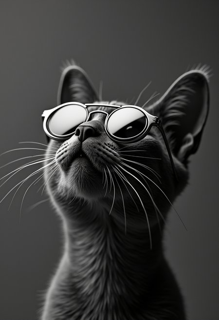 very close up, surrealism art by Brooke DiDonato, Plum, Silver and Slate a cat, the cat is looking up, it is Pretty, it is wearing an its pilot sunglasses, its pilot sunglasses is tailored by Alexander McQue and Michael Kors, conceptual photography, surreal and dreamlike imagery, exploration of identity and memory, black and white, monochrome