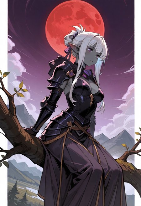 masterpiece, newest,absurdres,incredibly absurdres, best quality, amazing quality, very aesthetic, (simple white background:1.2), western comics \(style\), 
1girl,dark_elf, grey skin, updo hair, violet eyes, raven themed armor, raven hood, medival fantasy armor, armored dress, intricate armor, spiked hair, long hair, mist, fog, red moon, purple sky, landscape, dynamic angle, cowboy shot, sitting on branch, mountainous horizon,
<lora:style1_v1_Illusv2.0_1:1> stylized  <lora:[Cygames Mobage (Hideo Minaba Yuya Nagai Ryoji Ohara)] Granblue Fantasy Art Style Illustrious_1656091:1> granbluefantasysyleil