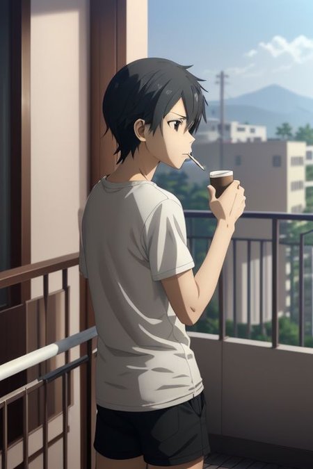 high resolution, solo, best quality, 1Boy, Kazuto Kirigaya, portraits, Black Hair, Black Eyes, home balcony, morning, cigarette, coffee, t-shirt, shorts, looking away, OverallDetail