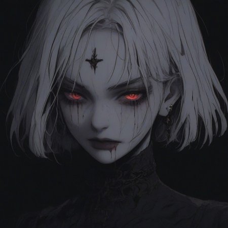score_9, score_8_up, score_7_up, flat color, blood dripping from mouth, demon girl, demon horns, gthan, gothic, jewelry, red glowing eyes, solo, blood, earrings, cross, 1girl, black background, looking at viewer, portrait, short hair, necklace, blood on face, cross necklace, simple background, spot color, closed mouth, white hair, cross earrings