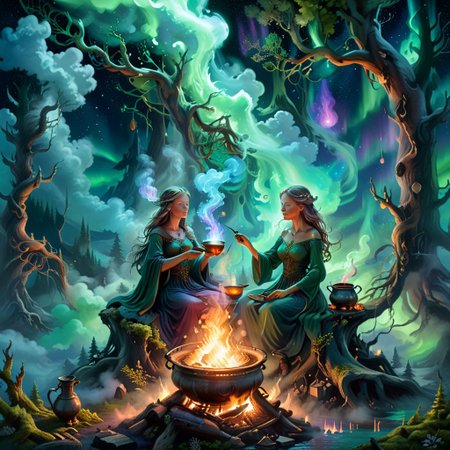 Fantasy concept art, woman brewing a potion over a fire set upon a cloud, ethereal nebula aura emanating from her figure, ingredients of imagination bubbling in a cauldron, auroras weaving through tall, ancient trees in the background, visual representation of mystical energies and connections, aurora borealis dancing vividly in the sky, digital painting, ultra realistic, dramatic lighting, breathtaking surreal masterpiece.
