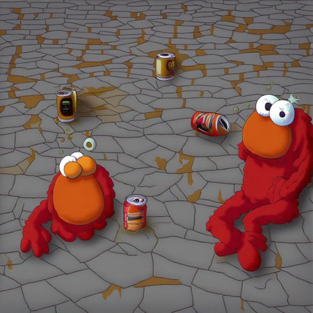 (Drunk Elmo on ground of alleyway:2), (beer cans:1.4), (elmo), (dirty alleyway:1.4), (day:1.2)
