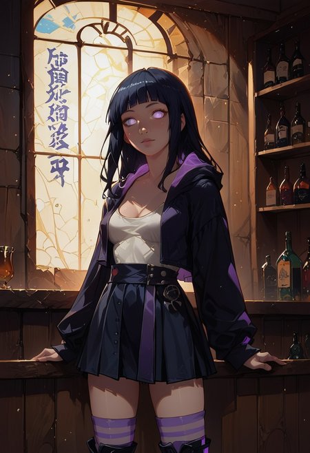 (score_9, score_8_up, score_7_up), 1girl, hyuuga hinata, purple eyes, white eyes, blunt bangs, black hair, hime cut, 20 year old, long black hair, perky breasts, cleavage, pretty face, looking at viewer, light freckles, oversized hoodie, black skirt, striped thigh-high socks, gothic boots, leaning on wall, detailed background, inside, bar, hidden area, volumetric lighting, vivid colors,  g0thicPXL, glowing, neon, portrait shot, face focus,