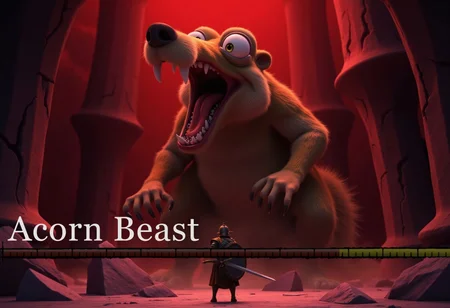 (note - Souls healthbar overlay was added manually - prompting for it kinda sucked)

A dark fantasy scene in the style of a Dark Souls boss intro. The focus is a gigantic, massive Scrat (the saber-toothed squirrel from Ice Age), towering over a tiny knight. Scrat’s mouth is wide open as if it’s yelling, with drool dripping from his sharp teeth. His eyes are filled with rage, his body is hulking and menacing, and the scale is absurdly large, making him seem almost like a world-ending force.

The background is a decaying, gothic environment, with cracked stone pillars, twisted trees, and a blood-red sky, adding to the ominous atmosphere. The small knight stands in the center of the scene, facing the beast directly, sword and shield raised in defense. His armor is weathered, and his posture is tense, showing the determination to fight despite the overwhelming odds. The knight’s back is slightly arched, eyes fixed on Scrat, preparing for the impossible battle. Dramatic lighting casts long, shadowy contrasts, making Scrat appear even more monstrous and larger-than-life