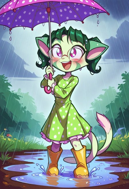 Dreamkeepers,1girl,prelude_lilith,solo,furry,tail,green hair, source_furry,glasses,magenta eyes,
child, kid, 
irl hops gleefully into a rain-soaked puddle, her polka-dot umbrella tossed aside. Her frilly mint-green dress is soaked at the hem, and her hair clings to her face in damp strands. She laughs, cheeks rosy and eyes squeezed shut, as water droplets sparkle around her. Behind her, the cloudy sky mirrors her playful energy, and her yellow rain boots are caked with mud. A small frog peeks out from a nearby puddle, adding a touch of whimsy.
Tags:
1girl, rain, puddle, umbrella, polka_dot_dress, boots, wet_hair, laughing, blush, water_droplets, frilly_dress, playful, moe, cloudy_sky, cheek_marks, sparkling_eyes, dynamic_pose, mud, frog, innocent_expression
