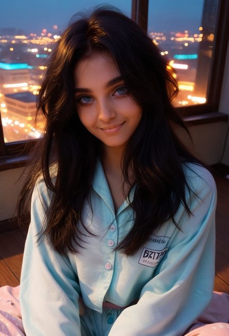 Score_9, Score_8_up, Score_7_up, 1girl, 25 years old, young woman, upper body close-up, long pitch-black hair, flowing silky straight hair, smooth skin, bright blue eyes solo, simple pajama, top floor penthouse window, sitting by the window, moody lighting, dynamic lighting, cyberpunk city background, blur background, looking_at_viewer, smile, rsgrl, russian girl, , btiflgrlsnrv4, Indian girl , Indian beauty, most beautiful and attractive, sexy body,