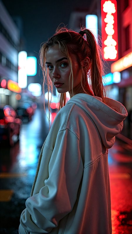 "Streetpunk" - Visualize a portrait of a 25-yr-old-woman on a city street.blonde hair,rainy night,The shot,taken from a distance,captures her (wet body:1.6) and indifferent expression in the midst of the urban night. with body sweat and wetness hinting at the city's humid atmosphere. messy hair,pigtails,white-hoodie,candid pose,head tilt,The photo,taken with a Canon EOS 5D Mark III,showcases her natural skin texture,including subtle acne (0.3),in hyperrealistic detail under soft,sharp lighting. The depth of field focuses on her,against a backdrop of soothing,muted colors and high contrast,creating a dark,yet gorgeous (1.2) and immersive night scene.embedding:EZRealPONYXL,