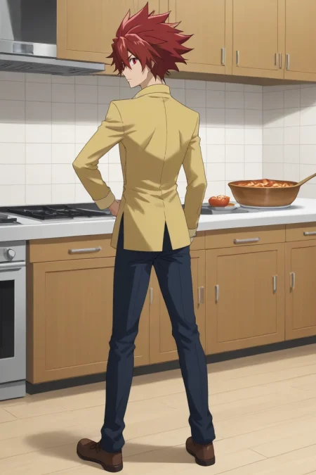score_9, score_8_up, score_7_up, , rating_safe, , anime screencap, anime coloring, official style, looking at viewer, , 1boy, solo, male focus, <lora:takuto_tsunashi_pony:0.78>, takuto_tsunashi, red hair, red eyes, spiked hair, bangs, , full body, kitchen, cooking, day, ass, :o, , <lora:sdxl_lightning_8step_lora:1>