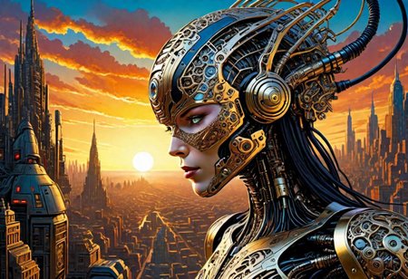 masterpiece+++,by william Stout,  (filigreed , marvel comic style but extremely beautiful:1.4), (intricate details, masterpiece, best quality:1.4) ,
Biomechanical cyberpunk, cybernetics, human-machine fusion, dystopian, organic meets artificial, dark, intricate, ultradetailed, intricate, sunset photo, 8k, light bloom