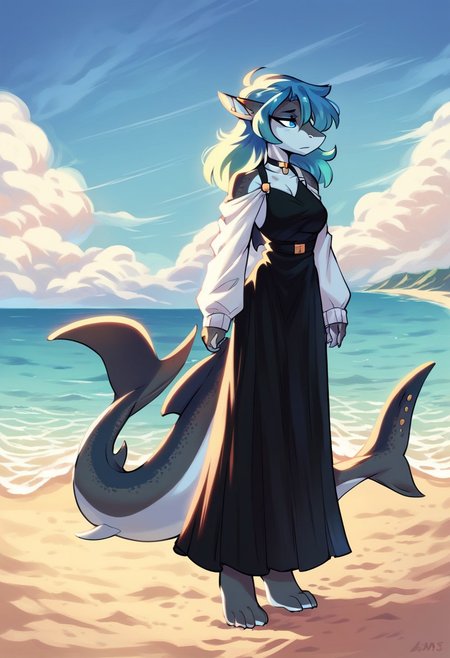 score_9, Score_8_up, score_7_up, 1girl, solo, erikaAmbris, shark, solo, dress, sleeves, beach, standing, looking away