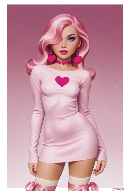 score_9, score_8_up, score_8_up, btimmsketch, (cowboy shot:1.1), 
1girl, venusmwatgg, solo, pink hair, hair covering one eye, purple eyes, purple eyeshadow, hot pink lipstick, heart earrings, hot pink choker, pink dress, long sleeves, pink leg ribbons, white stockings, pink roller skates,
sexy pose, halftone effect, white borders, abstract background:1.2