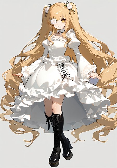 1girl, 
kirakishou,  
dress, rose, yellow eyes, blonde hair, eyepatch, very long hair, frilled dress, hair ornament, long sleeves, long hair, two side up, cross-laced footwear, sidelocks, high heel boots, puffy sleeves, high heels, white rose, juliet sleeves, frilled sleeves, lace-up boots, frilled choker, choker, 1011ta fashion, boots, frills, gothic 1011ta, full body, wavy hair, white flower, white dress, hair flower, frilled footwear, smile, solo, looking at viewer, flower over eye, flower, 
masterpiece, newest, absurdres, safe
 <lora:a31_style_koni:1> <lora:2080ti_ag31_kirakishou-000055:1>