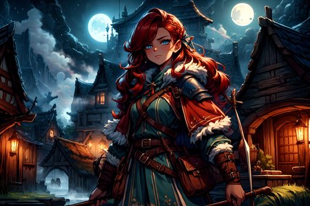 <lora:FantasySettlement:1> fanse, fantasy medieval village, town square, moonlight, fog,  <lora:Fantasy_Classes_SD:1> fantasy class, ranger, archer, bow, leather outfit, belts, pouches, fur, quiver, looking at viewer, seductive, best quality, masterpiece, <lora:more_details:0.7>, 1girl, solo, bright red hair, long hair, blue eyes