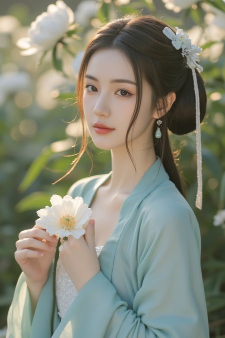 <lora:ãéº¦æ©éè¡£ãMajicflus:0.7>, qingyi, In the soft morning mist, a close-up captures a young woman dressed in a cyan hanfu, with fabric as light as a cicadaâs wings, revealing her collarbones and the delicate glow of her skin beneath the open neckline. She gently cradles a dew-laden white flower, her gaze tender and serene. Her loosely styled hair is adorned with small jade pins and slender silver ribbons that drape over her shoulder. The background features a blooming peony garden, with sunlight streaming through the blossoms, casting warm and tranquil shadows.âââ