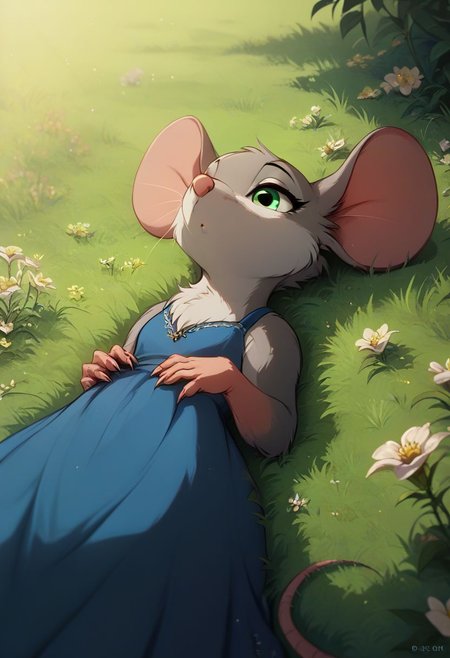 score_9, score_8_up, score_8, solo, (fluffy:0.8), (feral), furry, (((mouse))), woman, green eyes, (gray fur:1.2), claws, (fluffy cheeks:0.7), laying back, j_cartoon, close-up, low angle view, aesthetic, dramatic angle, (blue dress), grass, flowers