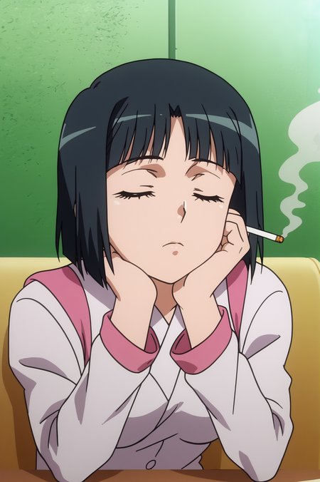 <lora:ANEMEWWW:0.8> Rikou Takitsubo, 1girl, solo, smoking, cigarette, screencap, retro artstyle, closed eyes, 1990s (style), long sleeves, 1980s (style), makeup, black hair, bangs, rainbow, smoke, upper body, japanese clothes, parted bangs, lens flare, gundam, thirdparty edit, thinking, head rest