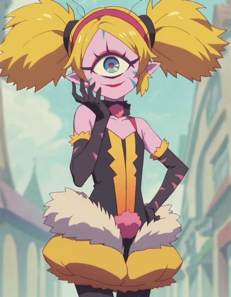 score_9, score_8_up, score_7_up, anime screencap, solo,1girl,aiwarn,one-eyed,yellow hair,twintails,elbow gloves,  smile, black gloves, colored skin, pantyhose, bare shoulders, choker, makeup, looking at viewer,  fur trim,  hairband, lipstick,smile,cowboy shot
 <lora:aiwarn_pony:0.8>