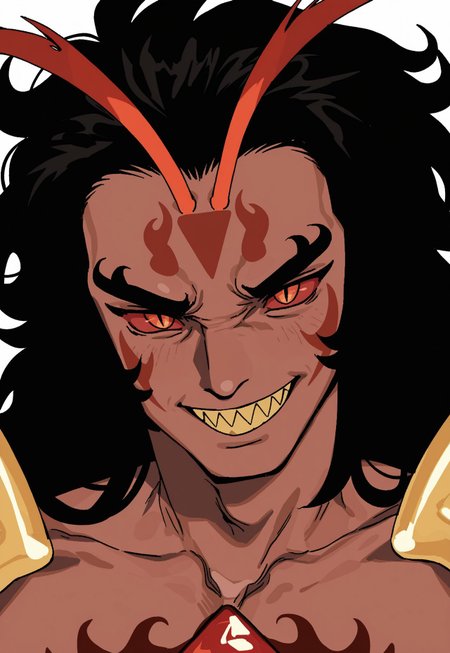 whoopsatr,  anime, masterpiece, best quality, detailed background, 8k, 1boy, solo, burning spice cookie, antennae, dark skin, burly man, black hair, long hair, messy hair, red sclera, yellow eyes, slit pupils, face markings, yellow shoulder guards, standing, head only, white background, grin, sharp teeth, yellow teeth, close up, face focus, staring at viewer, 