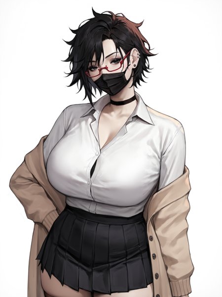 score_9, score_8_up, score_7_up, score_6_up, score_5_up, score_4_up,
BREAK
1girl, (black hair:1.2), bob cut, short hair, tomboy, black eyes, black mouth mask, long eyelashes, half-closed eyes, red-framed eyewear, black choker, messy hair, asymmetrical hair, adult, mature, black eyeliner, ear piercing,
BREAK
solo, standing, huge breasts, adult, broad shoulders, tall, white collared shirt, long sleeves, light brown cardigan, open cardigan, black pleated skirt, black microskirt, black miniskirt, black thighhighs, shirt tucked in, black nails, skinny,
BREAK
(white background:1.2), simple background, realistic, <lora:Lunas-Boingoo-SDXL-A1:1>