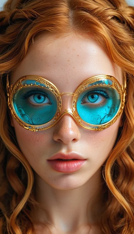Close-up gorgeous girl face , cute, bang, freckles, striking turquoise large eyes, aligned eyes, mirror eyes, (half smile),
BREAK,
(wearing transparent sci-fi Venetian Mask with intricate very detailed gold filigree), (thin detailed gold filigree), curly ginger hair, braid,
long lashes, trendy portrait, sci-fi style, sci-fi mechanisms, lens,
tender Aesthetic nose, ears, puffy lips, sensual lips, detailed texture, detailed eyes, detailed skin, clean skin,
<lora:Someplastic:1>, (ultra sharp focus:1.8), (detailed skin:1.8), (thin lines:1.8), (best quality:1.8),
<lora:Apparatus_-_Traction_City_Walkers_Vehicles:0.7>,
<lora:add-detail-xl:2> (ultra sharp focus:1.8), (detailed skin:1.8), (thin lines:1.8), (best quality:1.8),
<lora:glowneon_xl_v1:0.8>