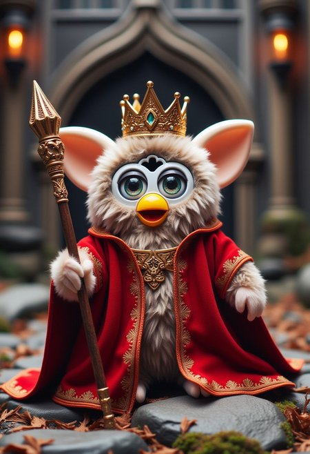 Photograph of a Furby plush toy, designed to look like sloth king with crown, wearing a magic robe and holding a magic staff, standing in his castle