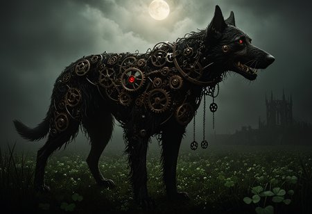 masterpiece, highly detailed, exterior, foggy night, misty field of green clover, clover around the edges, closeup, a menacing mechanical Irish wolfhound, black (fur made of gears), rusty old gears and cogs, old black iron, two glowing red eyes, looking at viewer, emerging from the dark, the black shuck of folklore, dark and menacing, portent of . <lora:gearstyle:1> <lora:zavy-cntrst-sdxl:1> dark, chiaroscuro, low-key
