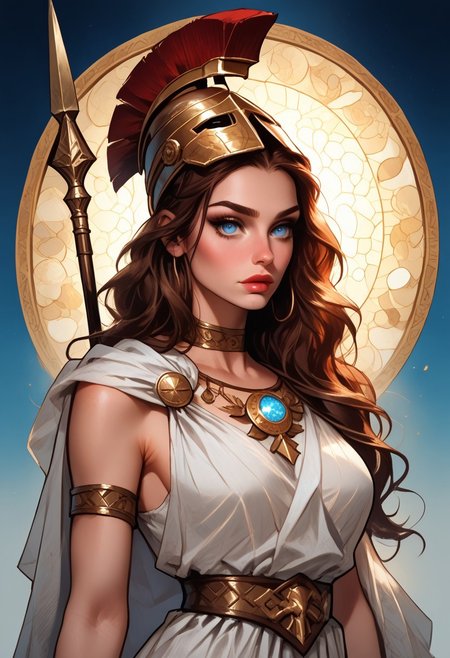 Stable_Yogis_PDXL_Positives, (score_9, score_8_up, score_7_up), ((Greek mythology style)), ((face focus, eye focus, dynamic angle, motion)), 1girl, solo, fantasy, (greek_athena, helmet ontop of head, brown hair, long hair, toga, armor, sandals), (ancient greek clothes), (armor), (holding spear), lace, cape, breathless intimacy, tanned skin, petite model bombshell, heart, young, delicate features, narrow pointy nose, tiny nose, lust, big eyes, seductive eyes, blue eyes, detailed skin, flared lashes, mascara, makeup, perky huge breasts, athletic body, narrow waist, skinny hips, 
warm light, detailed, neon dark party
 BREAK
milky way, runes, arcane, astral, surreal, ethereal glow, masterpiece, best quality, intricate design. colorful, moonlit nightsky, stained glass aesthetic, moody whimsical color palette, murano glass, bold soldering lines, volumetric light shining through, crepuscular rays, intricate craftsmanship, detailed texture, luminous transparency, reflective light play, vivid hues, atmospheric depth, enchanting silhouette, art nouveau,